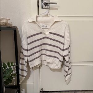 Hollister Cropped Polo Sweater Cream Stripes